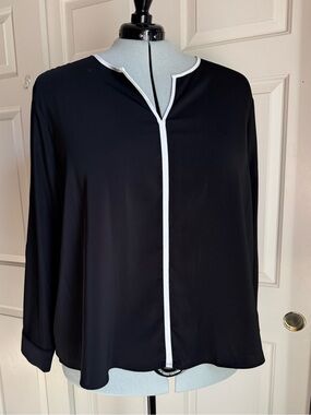 Black Silky Long-Sleeve Blouse with White Trim Size 3X